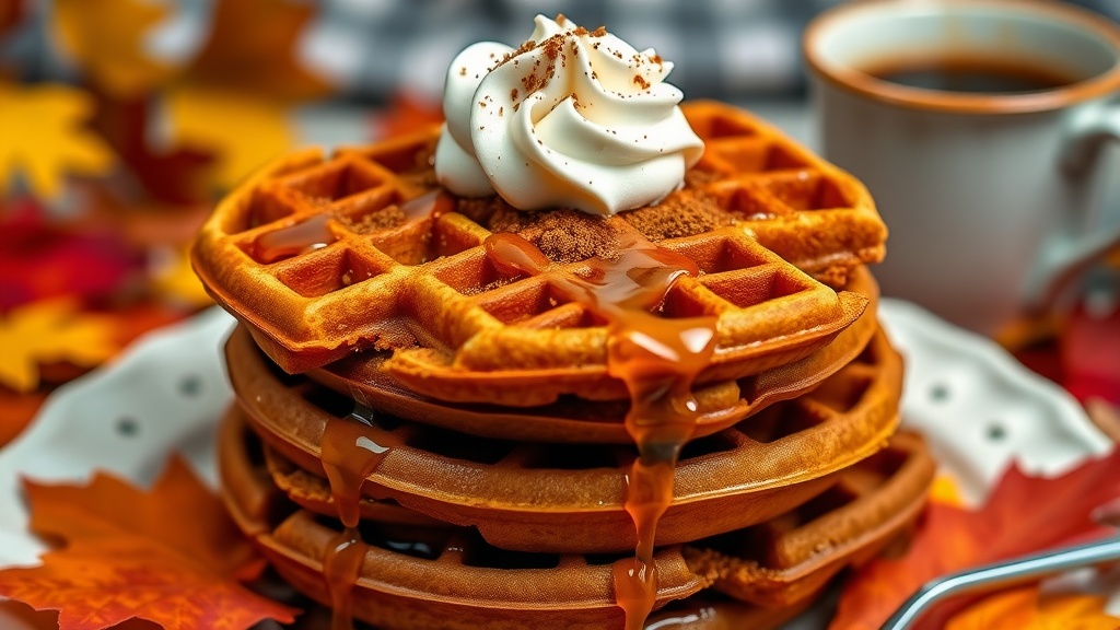 Delicious Pumpkin Waffles with Spices A stack of pumpkin waffles with maple syrup and whipped cream, surrounded by autumn decor.